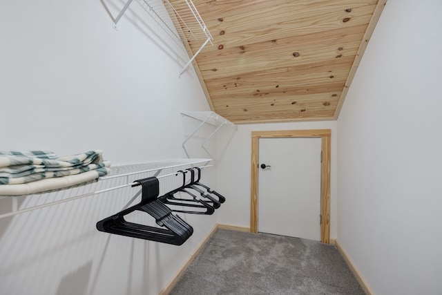 spacious closet featuring carpet flooring and vaulted ceiling