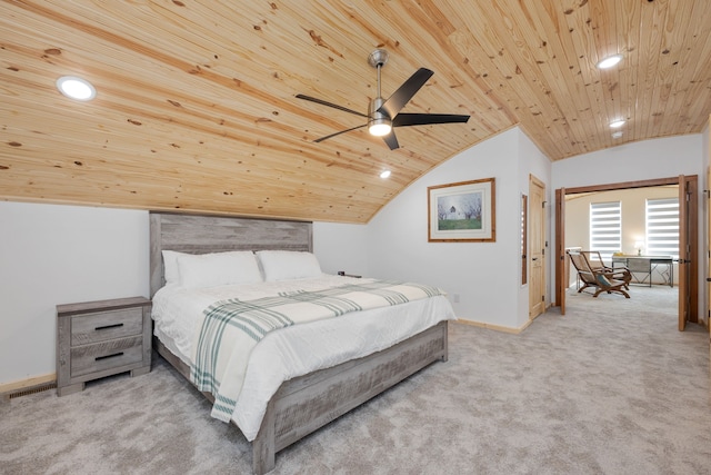 bedroom with light colored carpet, ceiling fan, lofted ceiling, and wood ceiling