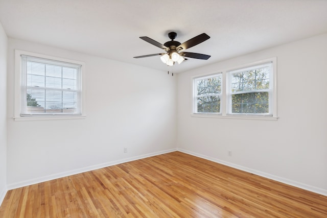 empty room featuring ceiling fan and light hardwood / wood-style flooring