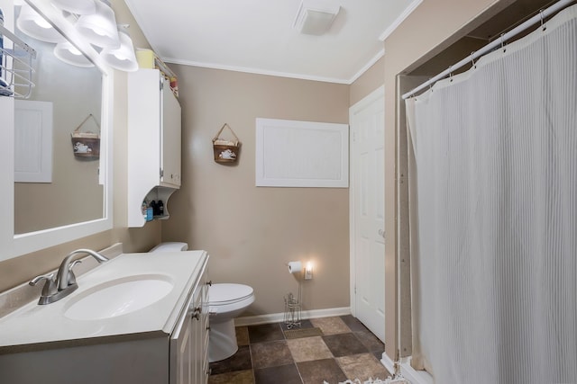 bathroom featuring vanity, toilet, crown molding, and walk in shower