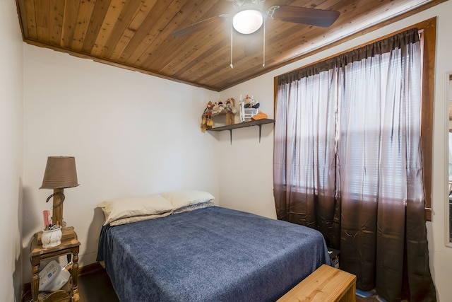 bedroom featuring ceiling fan, ornamental molding, wood ceiling, and vaulted ceiling