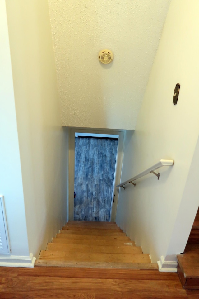 stairway with hardwood / wood-style floors