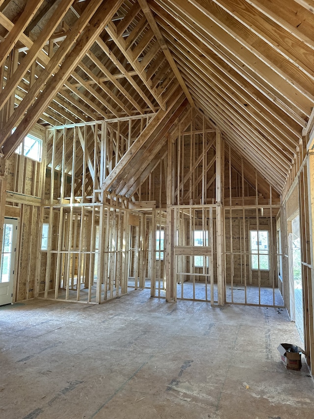 miscellaneous room with plenty of natural light and high vaulted ceiling