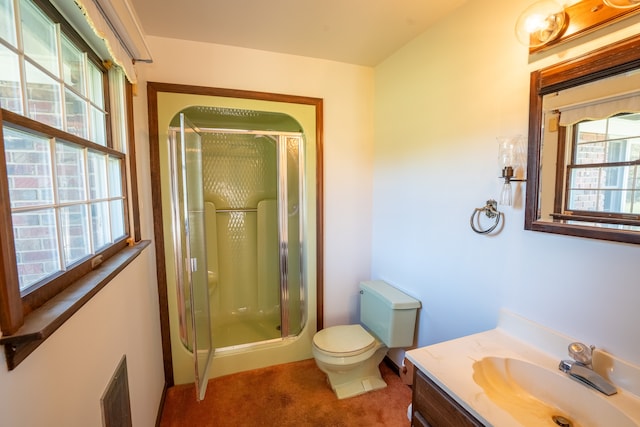 bathroom with vanity, toilet, and an enclosed shower