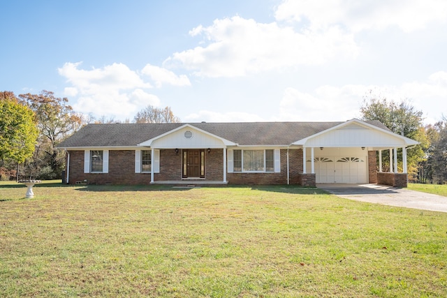 single story home with a front yard and a garage