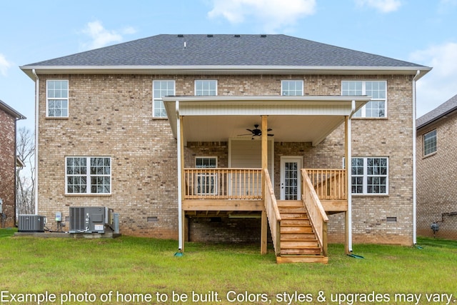 back of property featuring cooling unit, ceiling fan, and a lawn