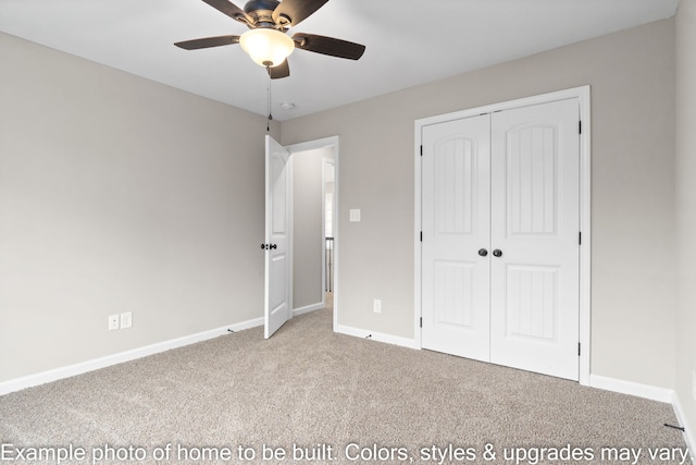 unfurnished bedroom with ceiling fan, light carpet, and a closet