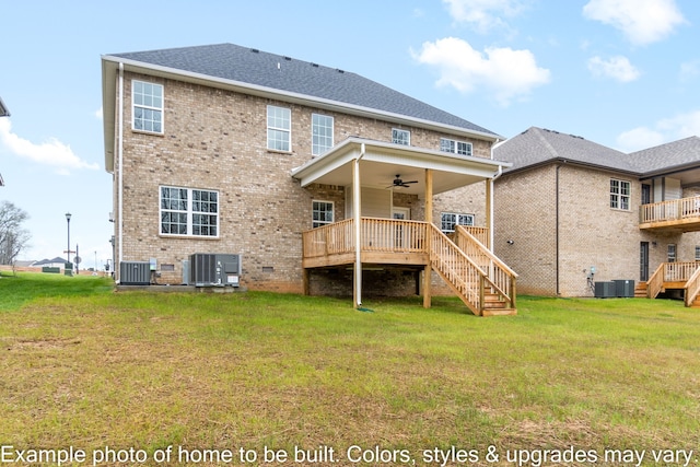 rear view of house featuring central AC unit, a lawn, ceiling fan, and a deck