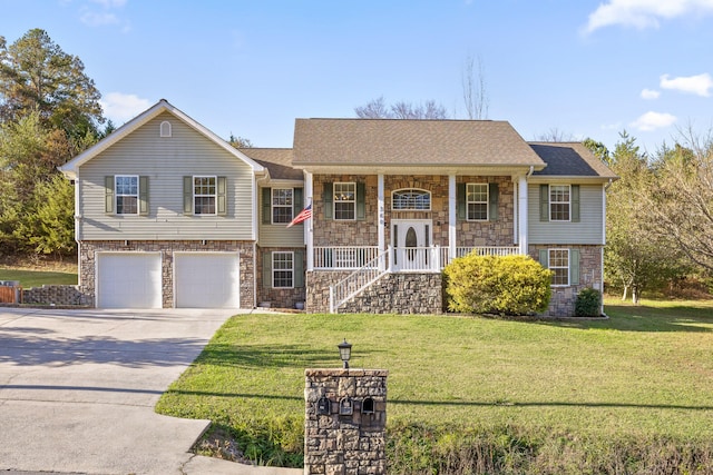 split foyer home with a front lawn, a porch, and a garage