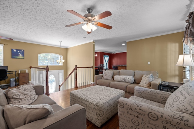 living room with a textured ceiling, ceiling fan with notable chandelier, dark hardwood / wood-style floors, and ornamental molding