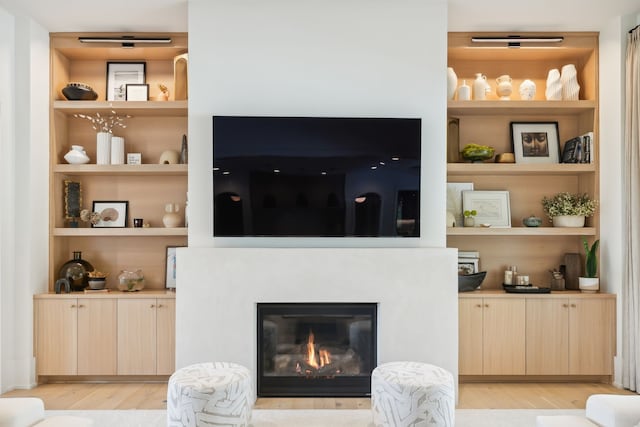 living room with light wood-type flooring and built in features