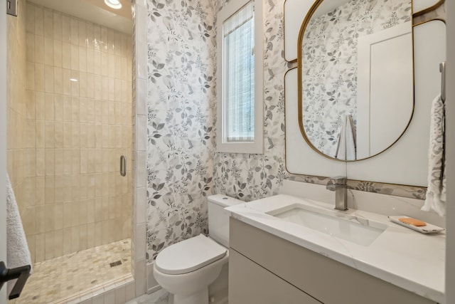 bathroom with vanity, toilet, and walk in shower