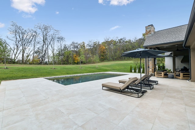 view of pool featuring a lawn and a patio area