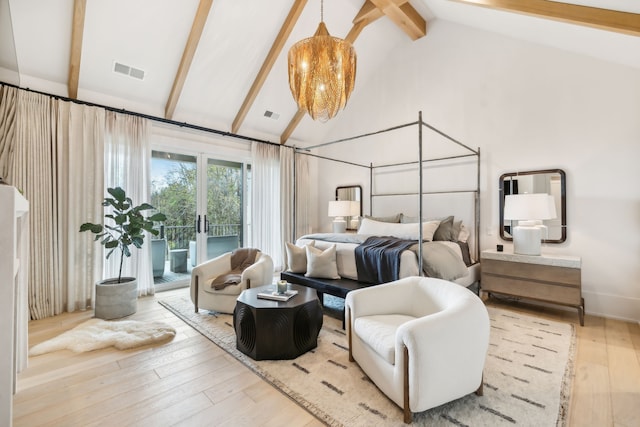 bedroom featuring beam ceiling, french doors, high vaulted ceiling, and light hardwood / wood-style flooring