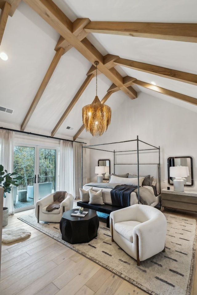 bedroom with vaulted ceiling with beams, wood-type flooring, and access to exterior