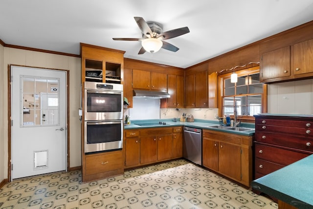 kitchen featuring appliances with stainless steel finishes, ceiling fan, ornamental molding, and sink