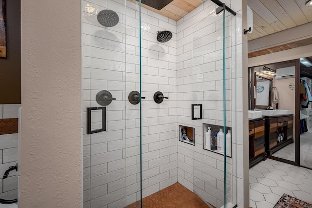 bathroom featuring an enclosed shower, wooden ceiling, and a wall unit AC