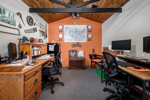 carpeted home office featuring vaulted ceiling with beams and wood ceiling