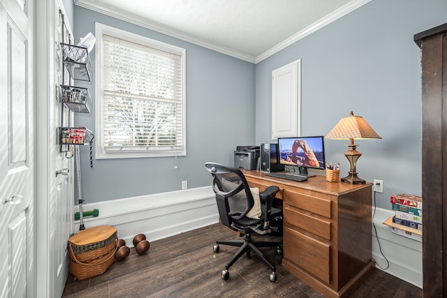 office area featuring dark hardwood / wood-style floors and crown molding