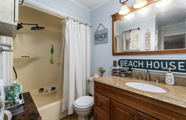 full bath featuring shower / bath combo, vanity, toilet, and crown molding