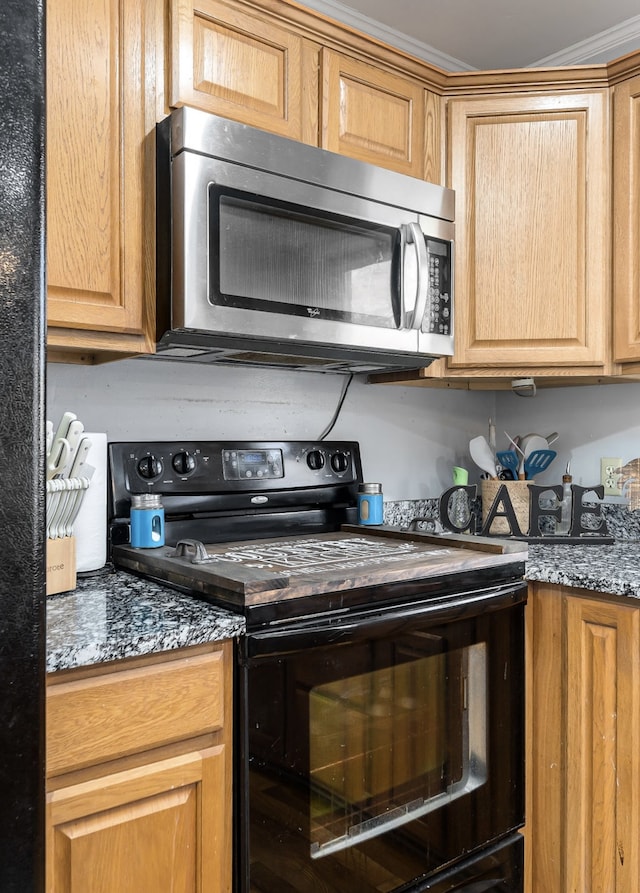 kitchen with dark stone countertops, black / electric stove, and stainless steel microwave