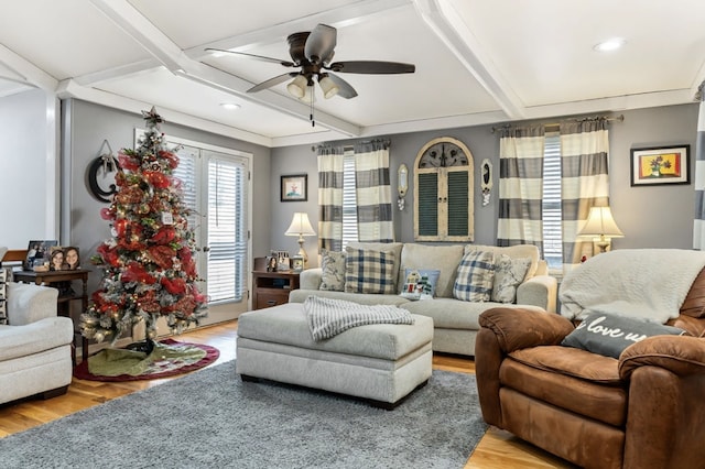 living area featuring light wood finished floors, beamed ceiling, a ceiling fan, and recessed lighting