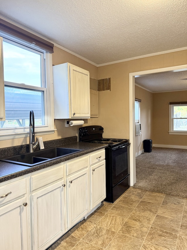 kitchen with crown molding, black electric range, a textured ceiling, and sink