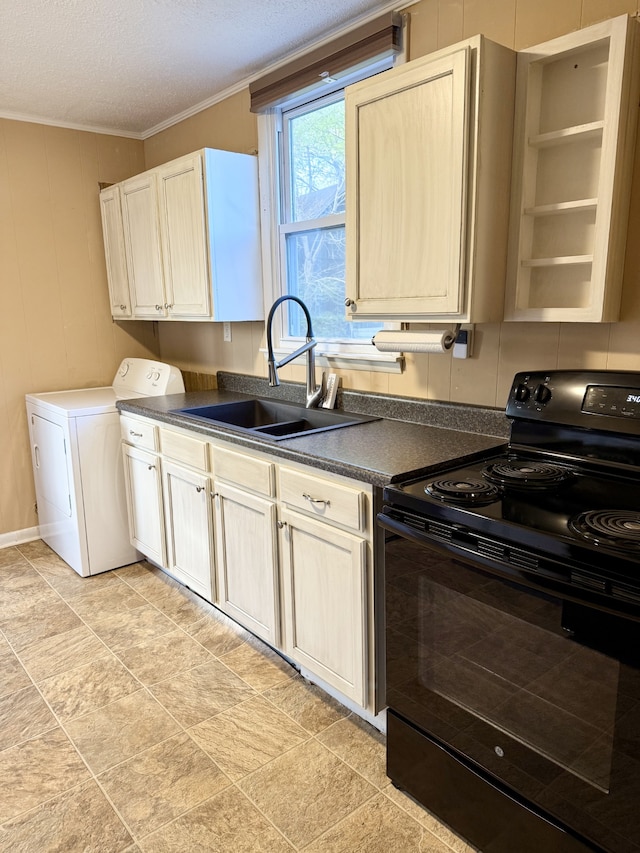 kitchen featuring sink, black electric range, a textured ceiling, washer / dryer, and ornamental molding