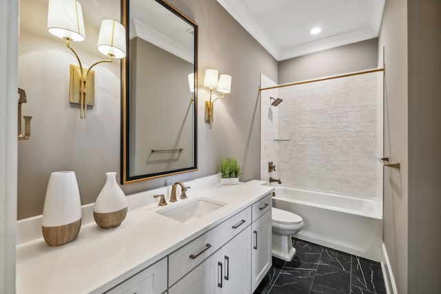 full bathroom featuring vanity, toilet, shower / bathtub combination, and crown molding