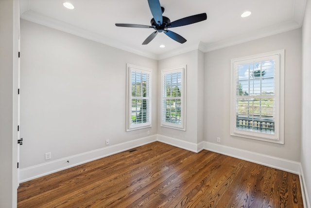 spare room with a wealth of natural light, dark wood-type flooring, and ornamental molding