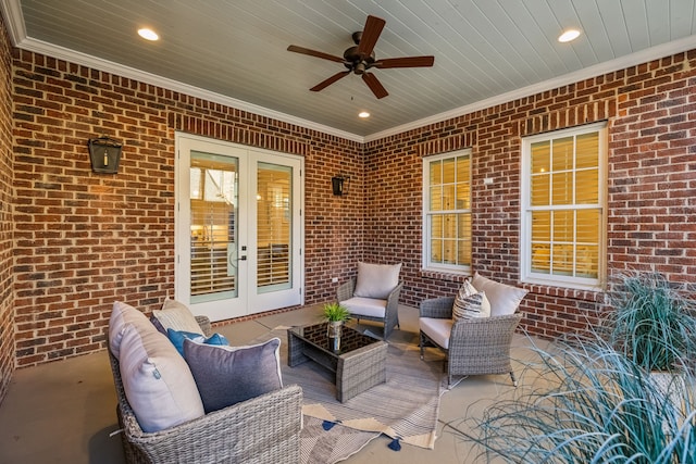 view of patio / terrace featuring outdoor lounge area, ceiling fan, and french doors