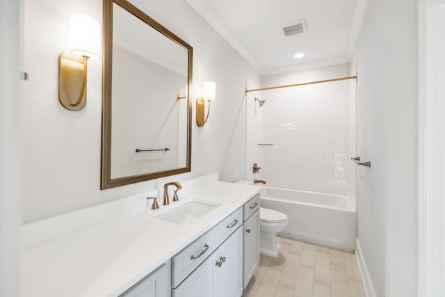 full bathroom with vanity, bathtub / shower combination, and toilet