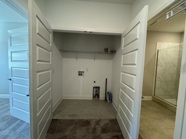 washroom with electric dryer hookup, washer hookup, and carpet