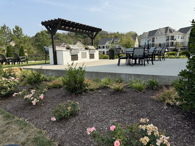 surrounding community featuring a pergola, a patio area, and an outdoor kitchen