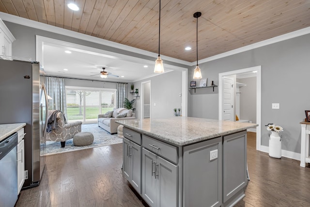 kitchen with pendant lighting, dark hardwood / wood-style flooring, wooden ceiling, and appliances with stainless steel finishes