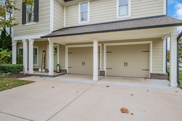 exterior space with a garage