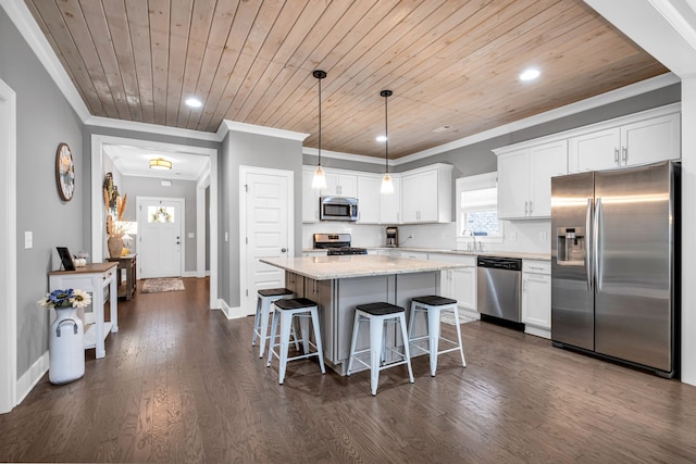 kitchen featuring wood ceiling, stainless steel appliances, white cabinetry, dark hardwood / wood-style floors, and a kitchen island