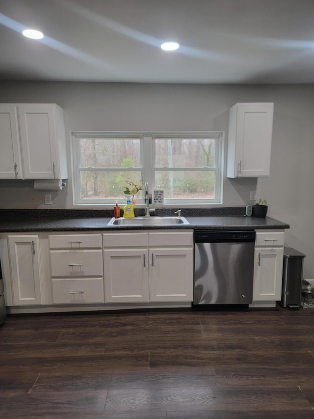 kitchen with white cabinetry, dark hardwood / wood-style flooring, dishwasher, and sink