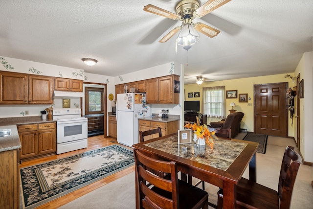 dining room with ceiling fan, light hardwood / wood-style floors, and a textured ceiling