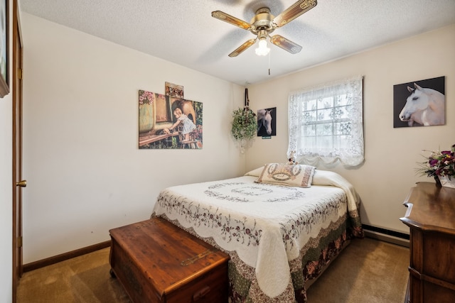 carpeted bedroom featuring a textured ceiling, ceiling fan, and baseboard heating