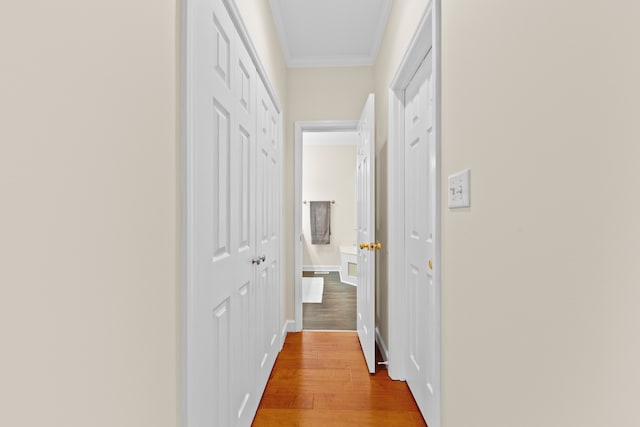 hallway featuring wood-type flooring and ornamental molding