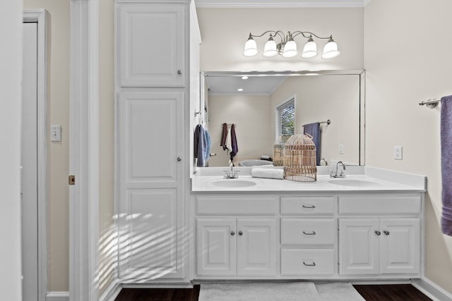 bathroom with crown molding, vanity, and wood-type flooring