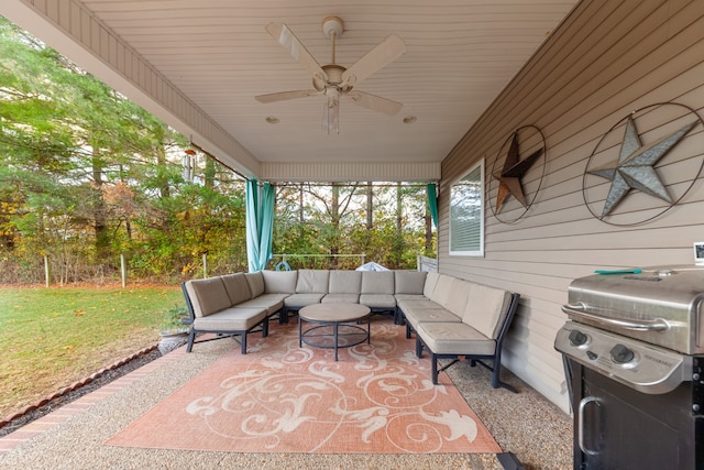 view of patio / terrace featuring a grill, an outdoor living space, and ceiling fan