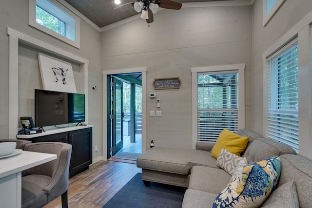 living room with wood ceiling, ceiling fan, high vaulted ceiling, and wood-type flooring