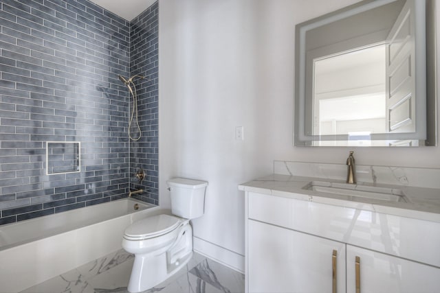 full bathroom with tiled shower / bath combo, toilet, and vanity