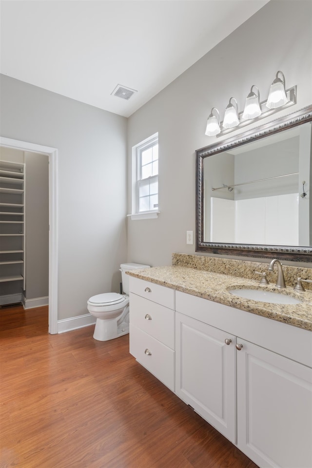 bathroom featuring vanity, toilet, and wood-type flooring