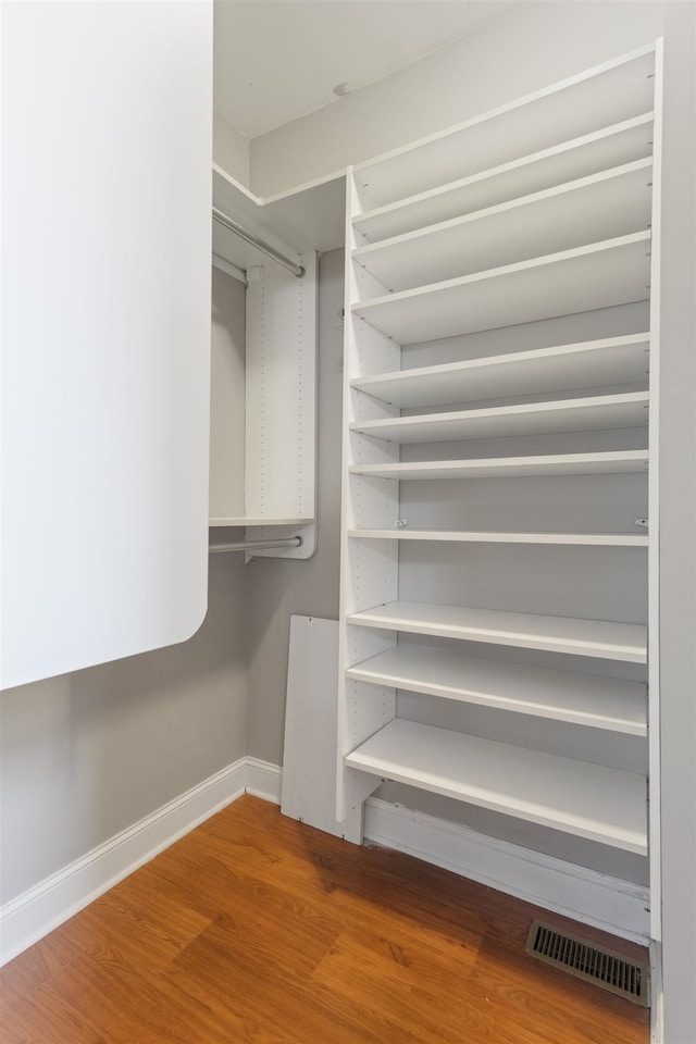 walk in closet with wood-type flooring