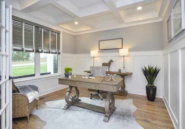 office with wood-type flooring, beam ceiling, and coffered ceiling