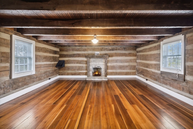 unfurnished living room featuring beamed ceiling, dark hardwood / wood-style flooring, and wooden walls