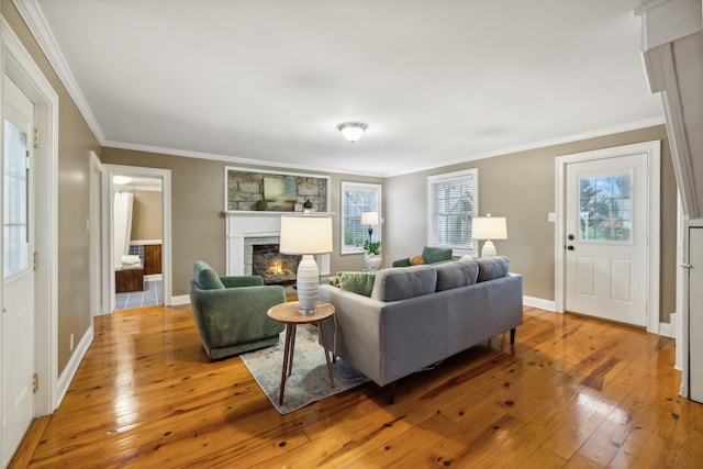 living room with crown molding and light hardwood / wood-style flooring